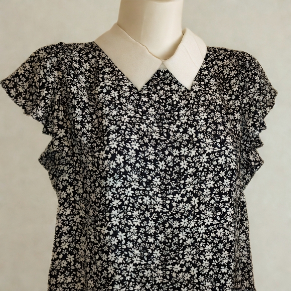 Monteau Los Angeles Black White Daisy Floral Blouse Peter Pan Collar Medium - Picture 1 of 8